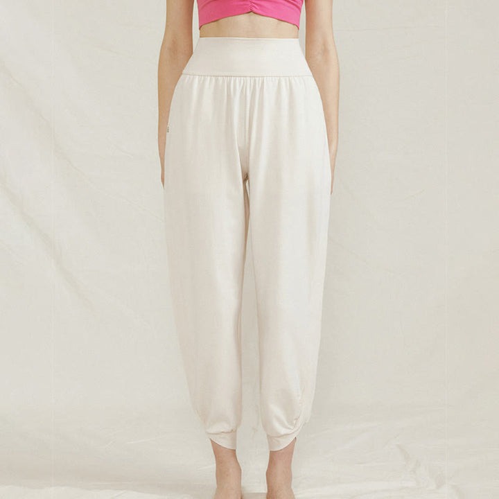 Pantalones casuales de algodón con cintura alta, pliegues laterales, secado rápido y bolsillos para mujer de Buddha Stones - image 1