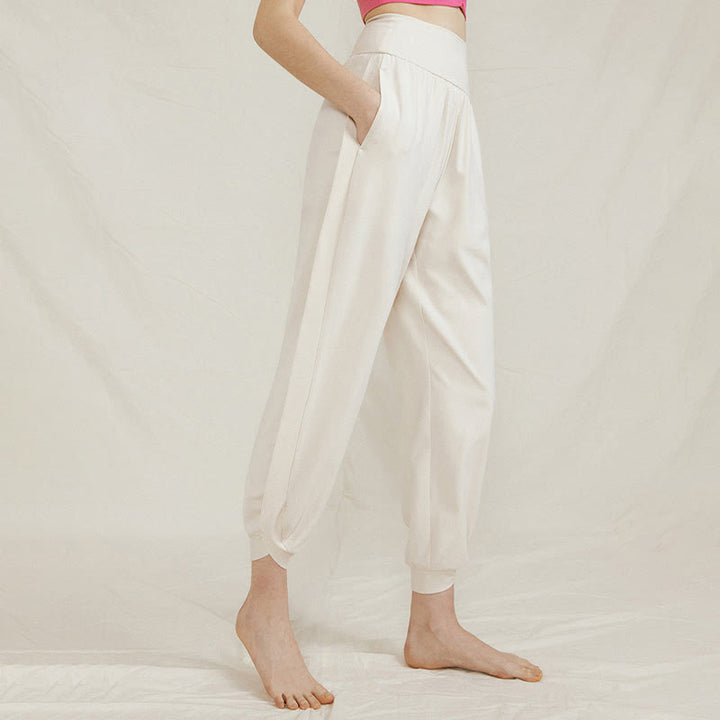 Pantalones casuales de algodón con cintura alta, pliegues laterales, secado rápido y bolsillos para mujer de Buddha Stones - Marfil - US4，UK/AU8，EU36 (L) - image 0