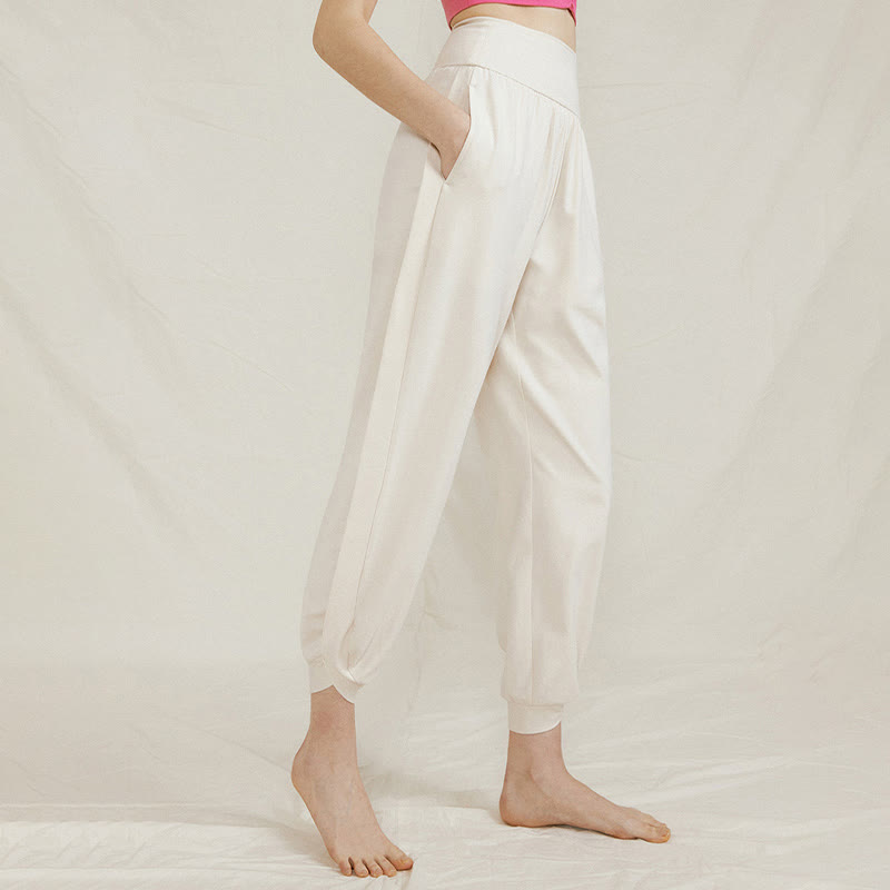 Pantalones casuales de algodón con cintura alta, pliegues laterales, secado rápido y bolsillos para mujer de Buddha Stones - Marfil - US4，UK/AU8，EU36 (L) - image 0