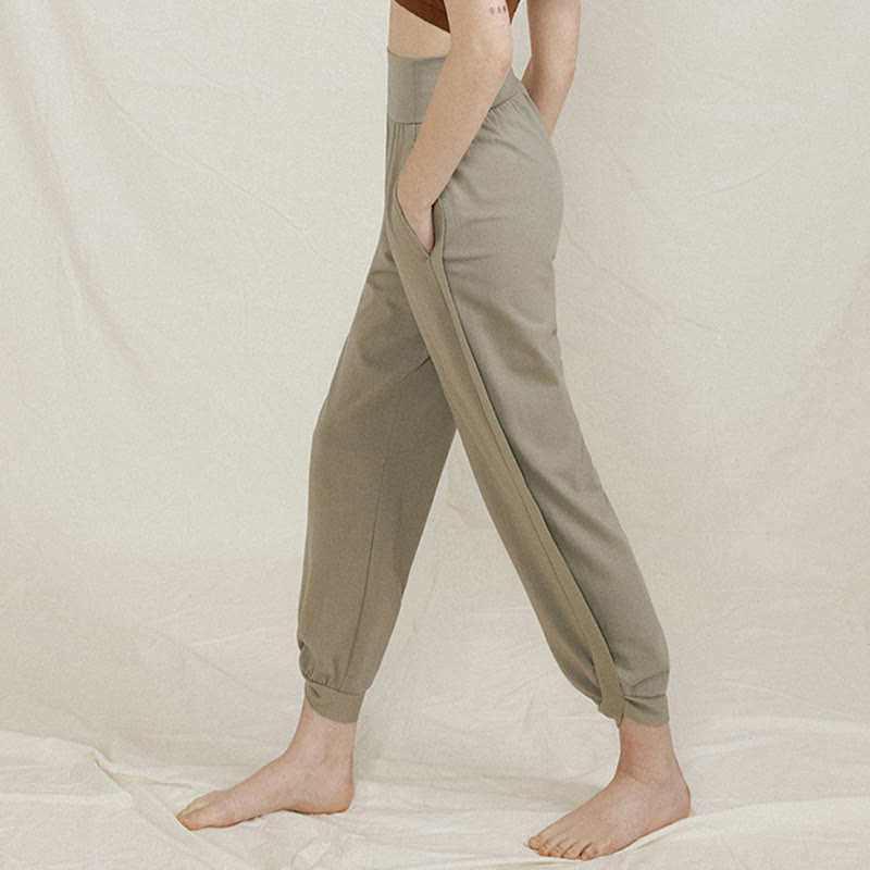 Pantalones casuales de algodón con cintura alta, pliegues laterales, secado rápido y bolsillos para mujer de Buddha Stones - image 11