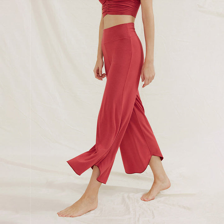 Pantalones de pierna ancha Leica para mujer con dobladillo geométrico irregular y holgado informal con Buddha Stones - image 2