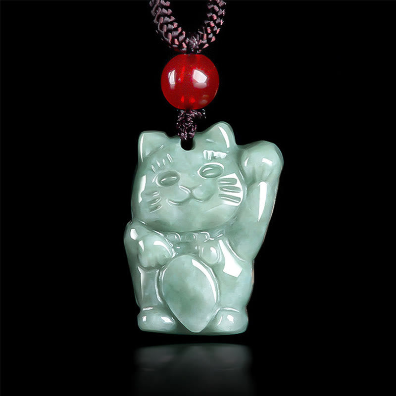 Collar con colgante de jade y gato de la suerte con Buddha Stones - Frijol Verde Jade - image 1
