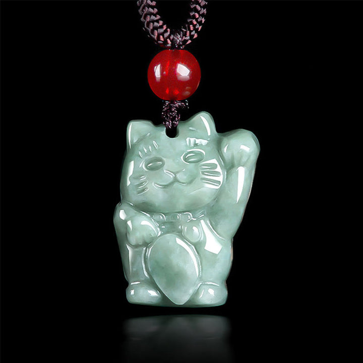 Collar con colgante de jade y gato de la suerte con Buddha Stones - Frijol Verde Jade - image 1