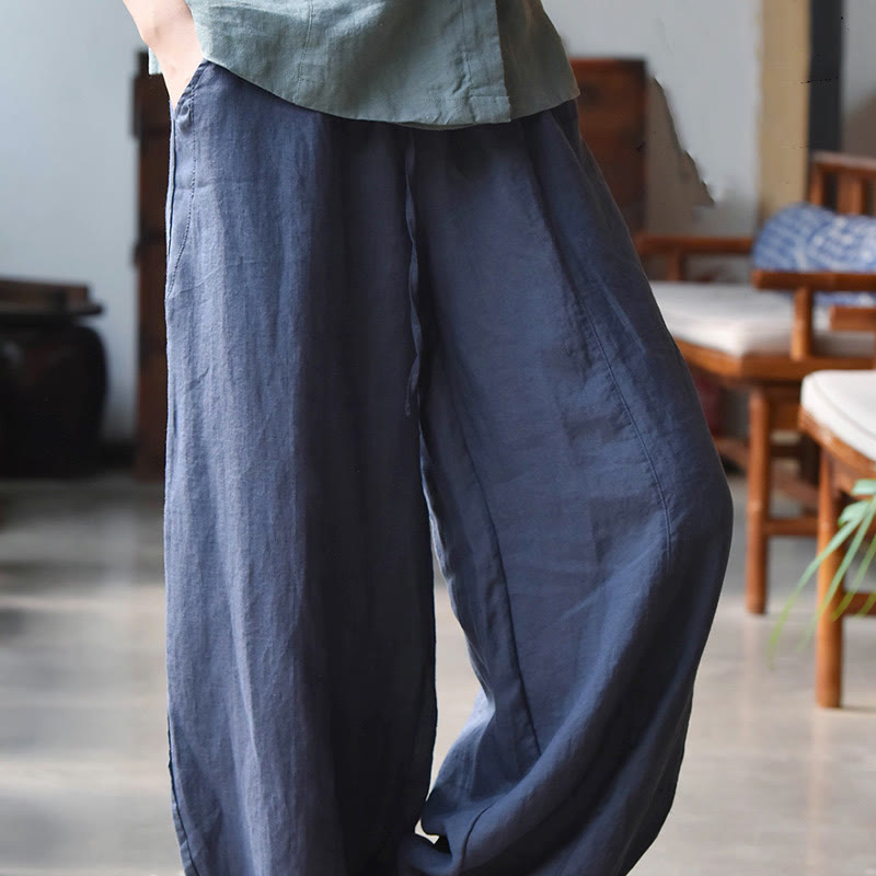 Pantalones de lino y algodón para mujer, informales, lisos y holgados, con bolsillos y estampado de Buddha Stones - Azul acero - US6, UK/AU10, EU38 (L) - image 25