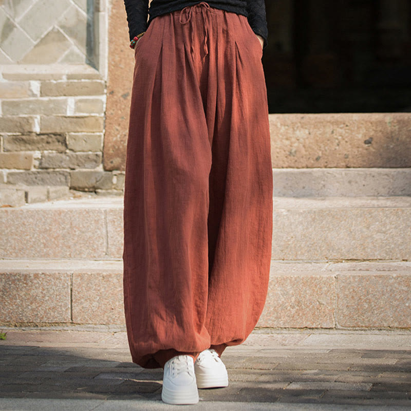 Pantalones casuales de algodón ramio con bolsillos y cintura holgada con lazo para mujer de Buddha Stones - image 6