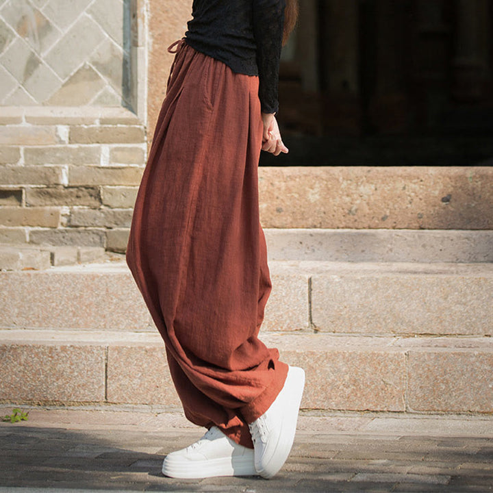 Pantalones casuales de algodón ramio con bolsillos y cintura holgada con lazo para mujer de Buddha Stones - image 4