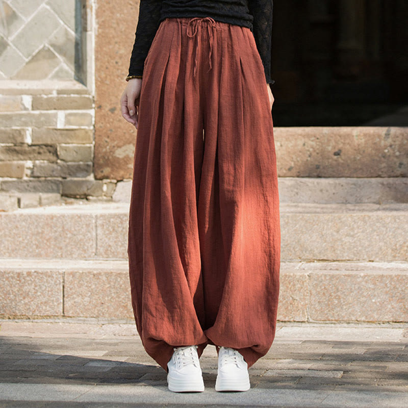 Pantalones casuales de algodón ramio con bolsillos y cintura holgada con lazo para mujer de Buddha Stones - image 1