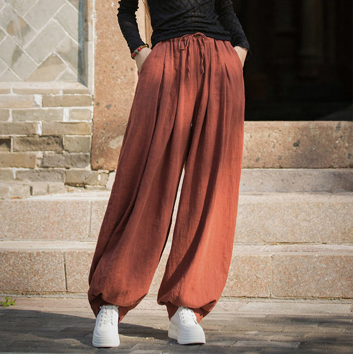 Pantalones casuales de algodón ramio con bolsillos y cintura holgada con lazo para mujer de Buddha Stones - image 5