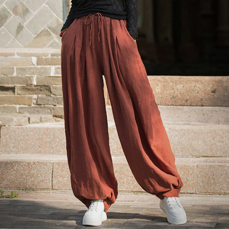 Pantalones casuales de algodón ramio con bolsillos y cintura holgada con lazo para mujer de Buddha Stones - image 7