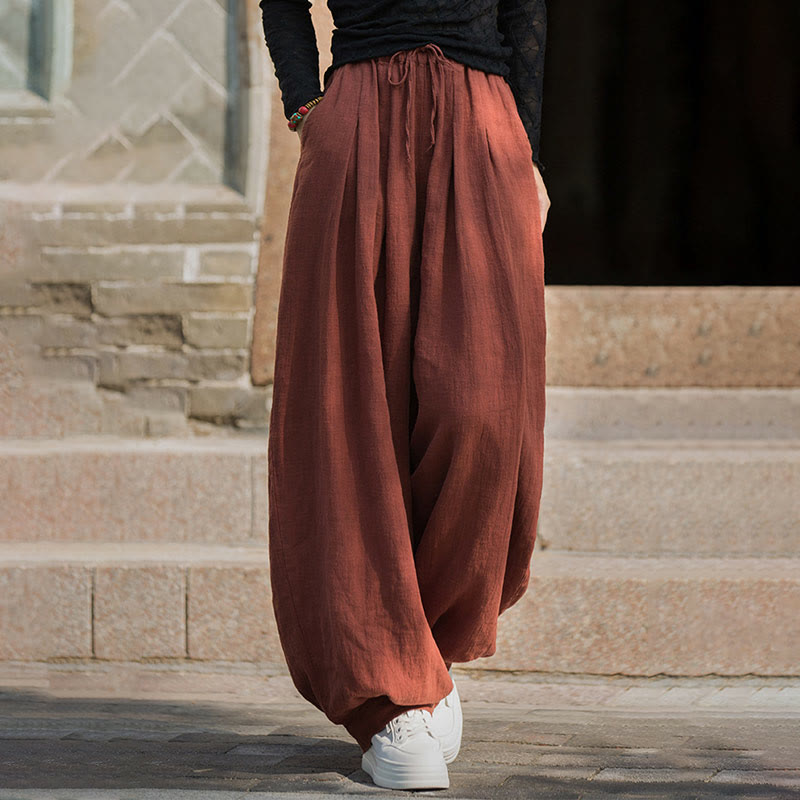 Pantalones casuales de algodón ramio con bolsillos y cintura holgada con lazo para mujer de Buddha Stones - Tomate - US4-6, UK/AU8-10, EU36-38 (F) - image 0
