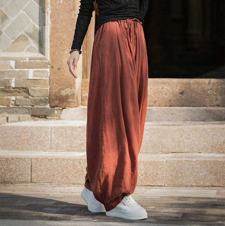 Pantalones casuales de algodón ramio con bolsillos y cintura holgada con lazo para mujer de Buddha Stones - image 8