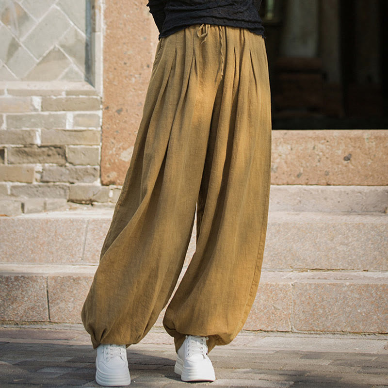 Pantalones casuales de algodón ramio con bolsillos y cintura holgada con lazo para mujer de Buddha Stones - image 15