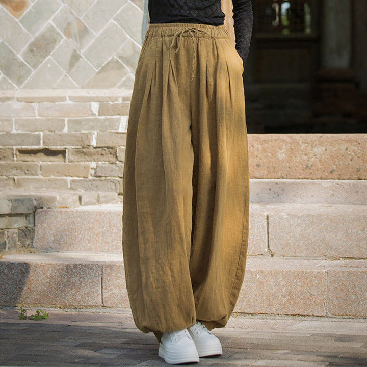 Pantalones casuales de algodón ramio con bolsillos y cintura holgada con lazo para mujer de Buddha Stones - image 14