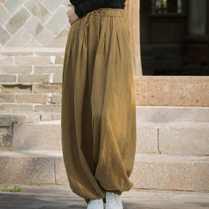 Pantalones casuales de algodón ramio con bolsillos y cintura holgada con lazo para mujer de Buddha Stones - image 11