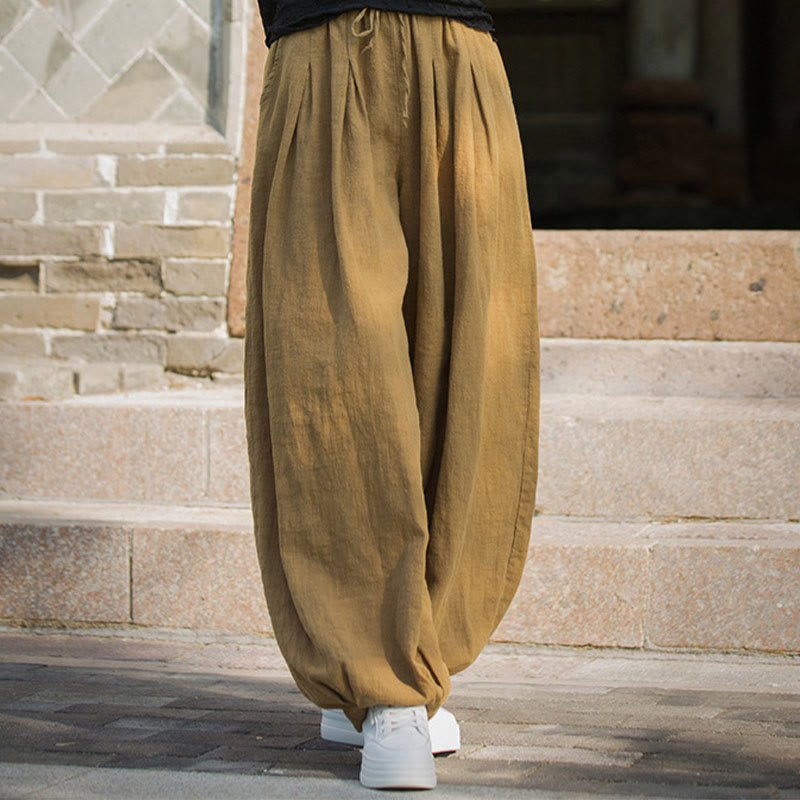 Pantalones casuales de algodón ramio con bolsillos y cintura holgada con lazo para mujer de Buddha Stones - image 17