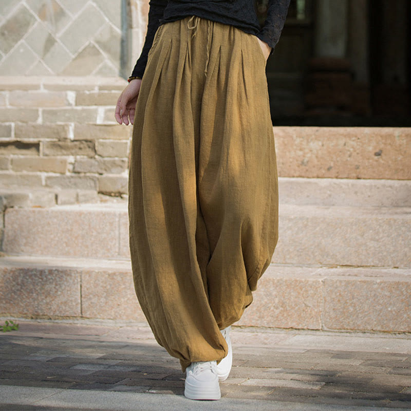 Pantalones casuales de algodón ramio con bolsillos y cintura holgada con lazo para mujer de Buddha Stones - image 13