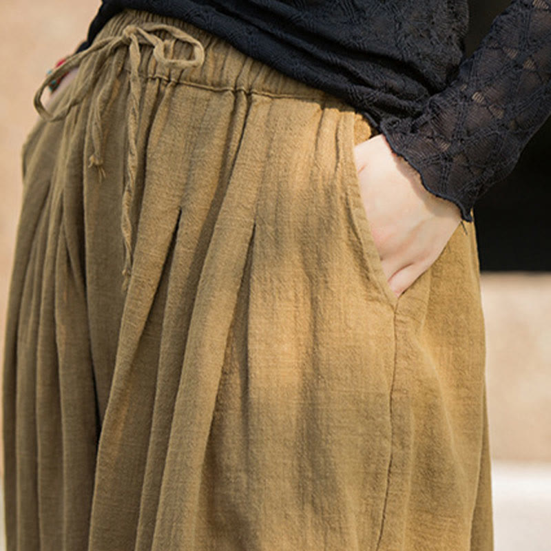 Pantalones casuales de algodón ramio con bolsillos y cintura holgada con lazo para mujer de Buddha Stones - image 18