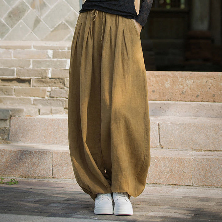 Pantalones casuales de algodón ramio con bolsillos y cintura holgada con lazo para mujer de Buddha Stones - image 10