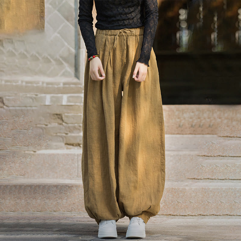Pantalones casuales de algodón ramio con bolsillos y cintura holgada con lazo para mujer de Buddha Stones - image 16