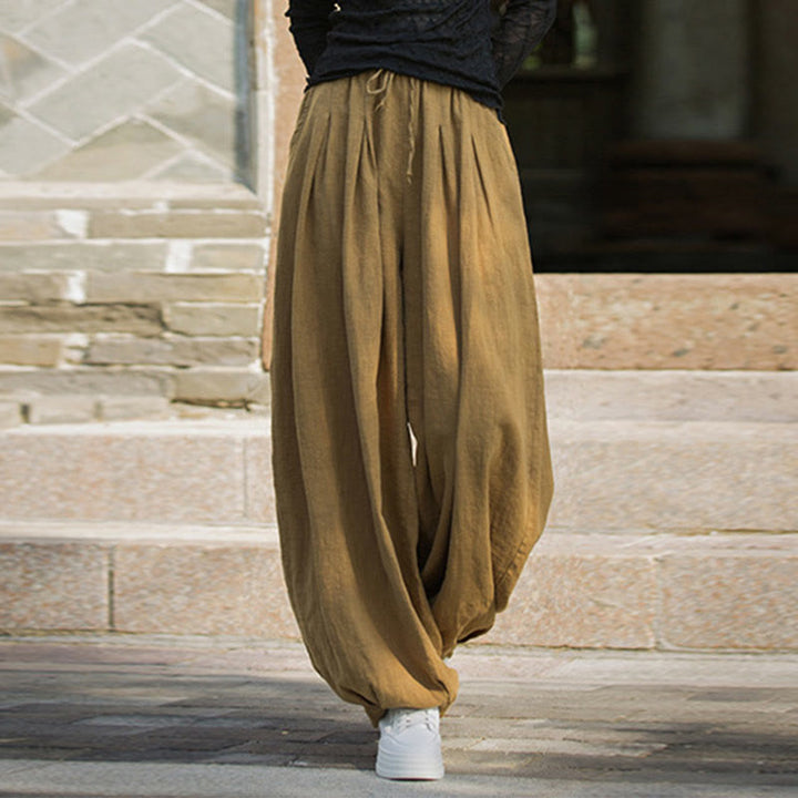Pantalones casuales de algodón ramio con bolsillos y cintura holgada con lazo para mujer de Buddha Stones - vara de oro - US4-6, UK/AU8-10, EU36-38 (F) - image 9