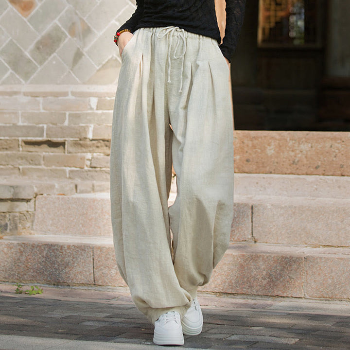 Pantalones casuales de algodón ramio con bolsillos y cintura holgada con lazo para mujer de Buddha Stones - image 26