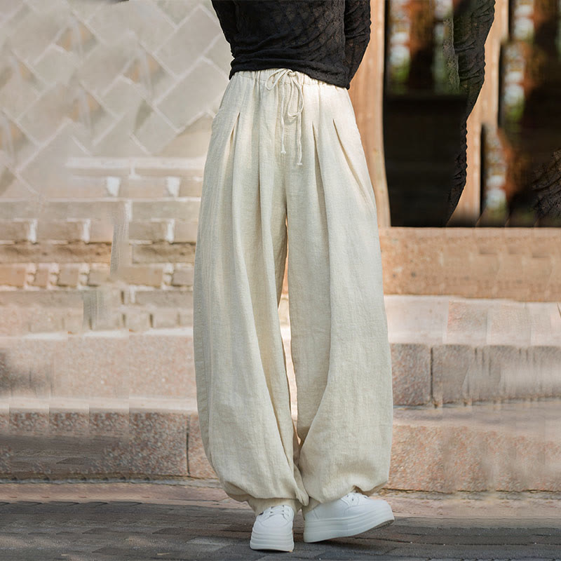 Pantalones casuales de algodón ramio con bolsillos y cintura holgada con lazo para mujer de Buddha Stones - image 23