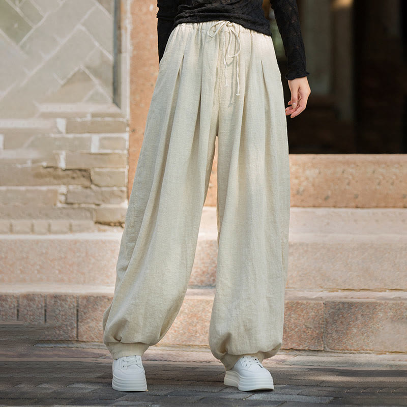 Pantalones casuales de algodón ramio con bolsillos y cintura holgada con lazo para mujer de Buddha Stones - image 28