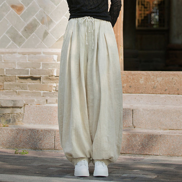 Pantalones casuales de algodón ramio con bolsillos y cintura holgada con lazo para mujer de Buddha Stones - image 24