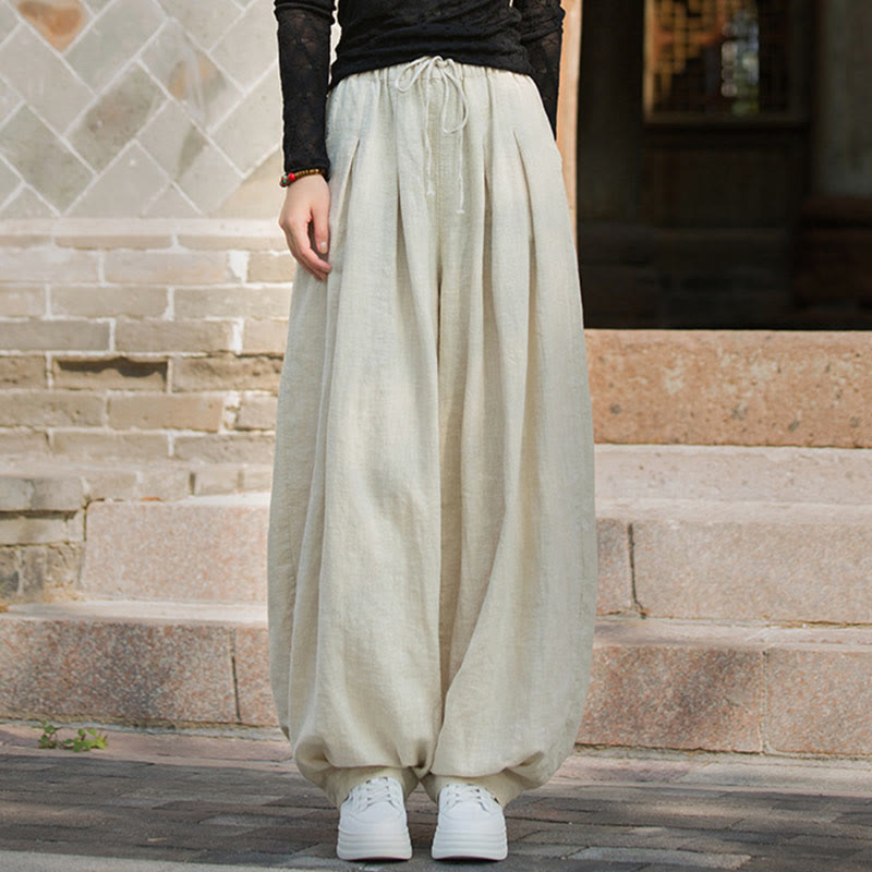 Pantalones casuales de algodón ramio con bolsillos y cintura holgada con lazo para mujer de Buddha Stones - image 21