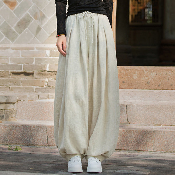 Pantalones casuales de algodón ramio con bolsillos y cintura holgada con lazo para mujer de Buddha Stones - image 21