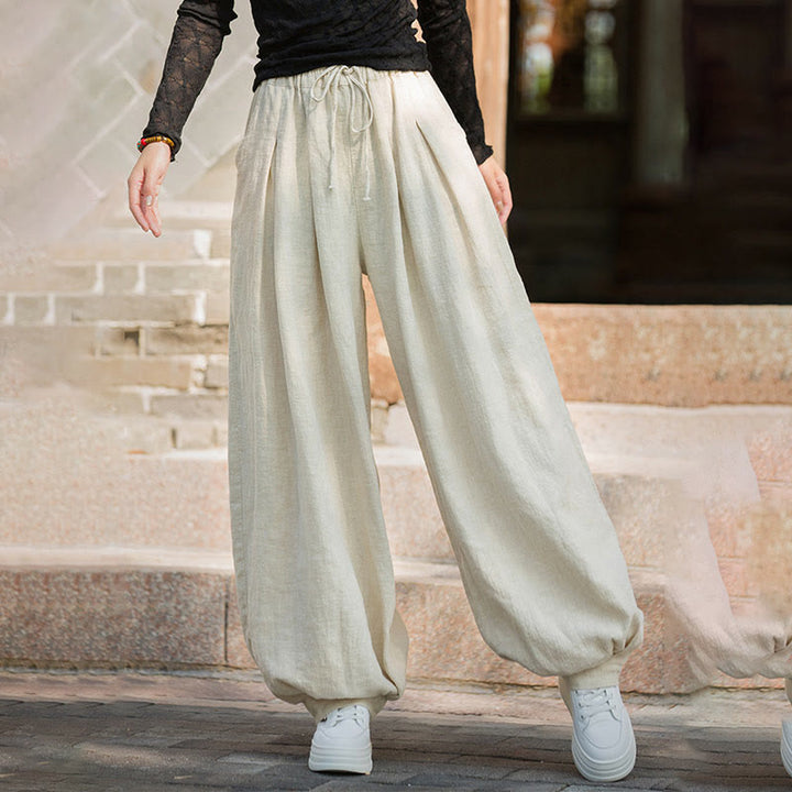 Pantalones casuales de algodón ramio con bolsillos y cintura holgada con lazo para mujer de Buddha Stones - image 22