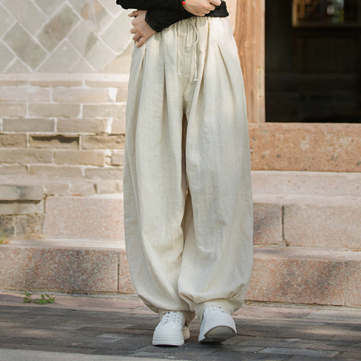 Pantalones casuales de algodón ramio con bolsillos y cintura holgada con lazo para mujer de Buddha Stones - image 25