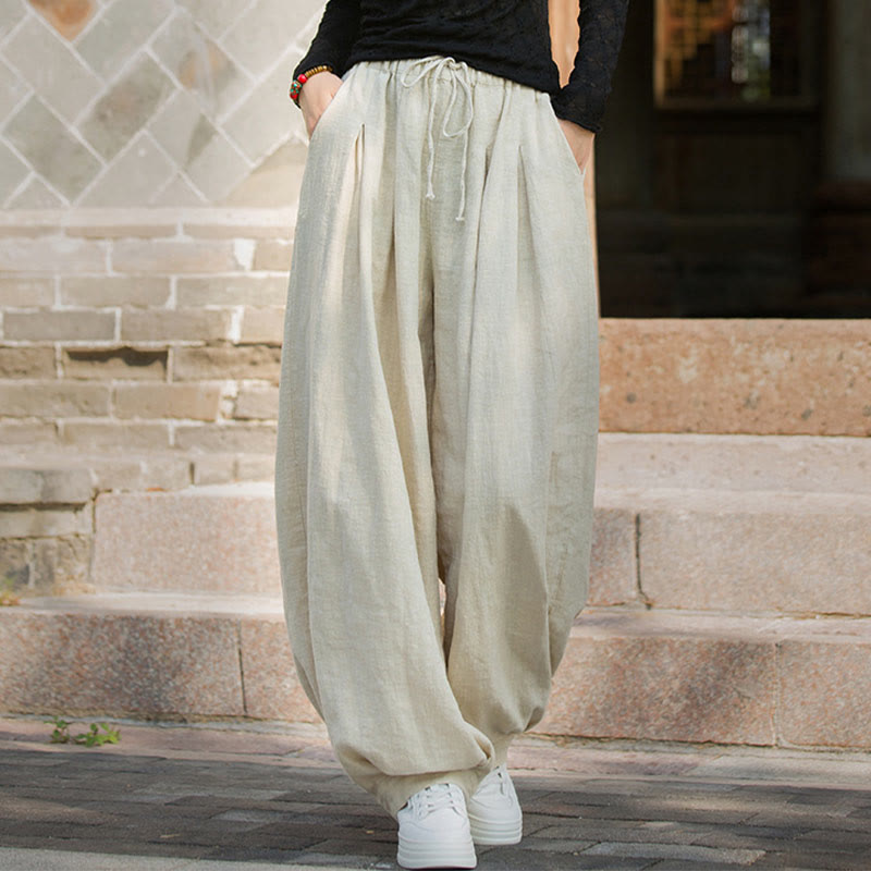 Pantalones casuales de algodón ramio con bolsillos y cintura holgada con lazo para mujer de Buddha Stones - image 27
