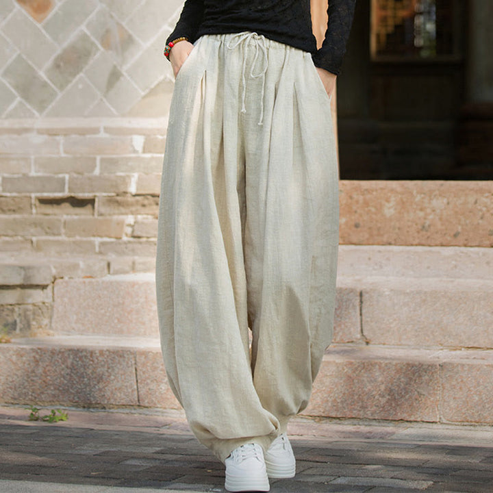 Pantalones casuales de algodón ramio con bolsillos y cintura holgada con lazo para mujer de Buddha Stones - image 27