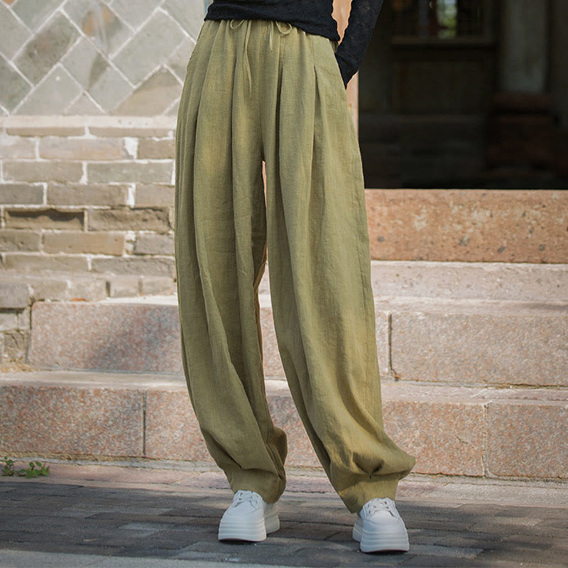 Pantalones casuales de algodón ramio con bolsillos y cintura holgada con lazo para mujer de Buddha Stones - image 31