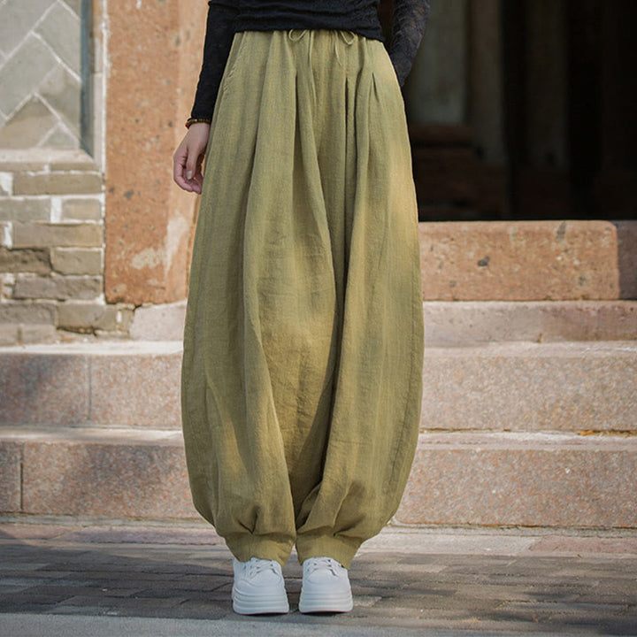 Pantalones casuales de algodón ramio con bolsillos y cintura holgada con lazo para mujer de Buddha Stones - image 30