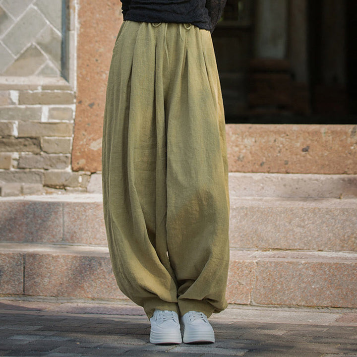 Pantalones casuales de algodón ramio con bolsillos y cintura holgada con lazo para mujer de Buddha Stones - image 32