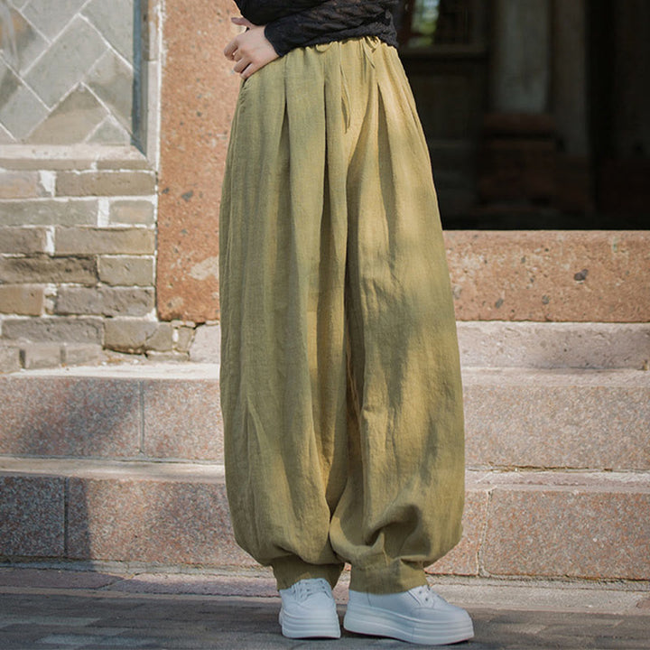 Pantalones casuales de algodón ramio con bolsillos y cintura holgada con lazo para mujer de Buddha Stones - image 36