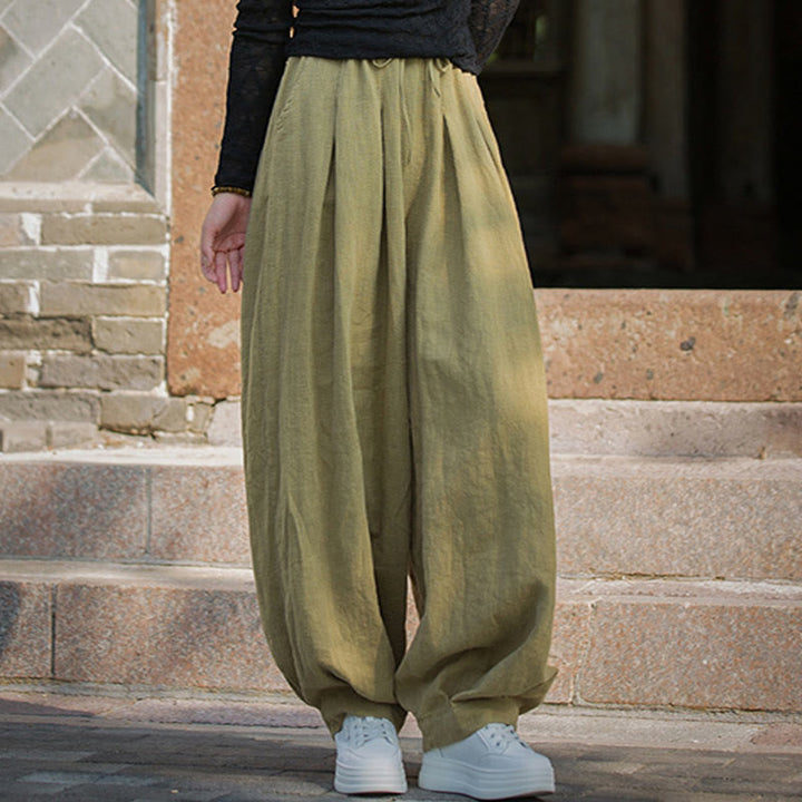 Pantalones casuales de algodón ramio con bolsillos y cintura holgada con lazo para mujer de Buddha Stones - image 35
