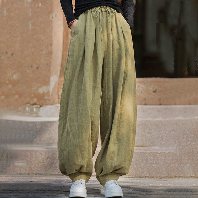 Pantalones casuales de algodón ramio con bolsillos y cintura holgada con lazo para mujer de Buddha Stones - image 34