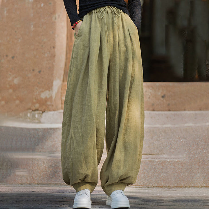 Pantalones casuales de algodón ramio con bolsillos y cintura holgada con lazo para mujer de Buddha Stones - image 34