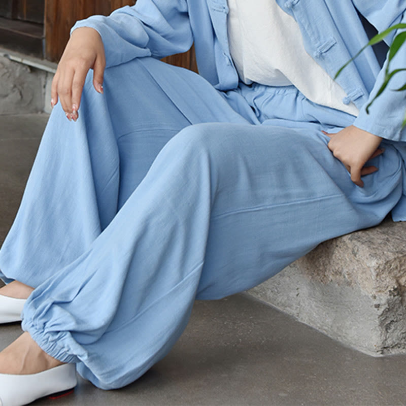 Pantalones de lino holgados informales con bolsillos y diseño de Buddha Stones para mujer - image 6