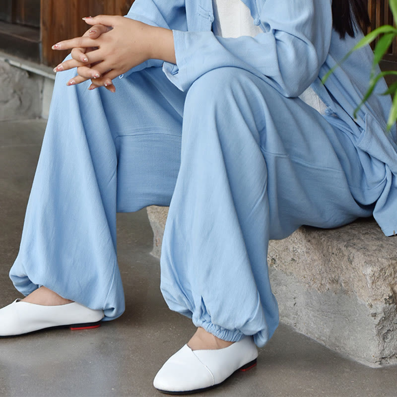 Pantalones de lino holgados informales con bolsillos y diseño de Buddha Stones para mujer - image 5