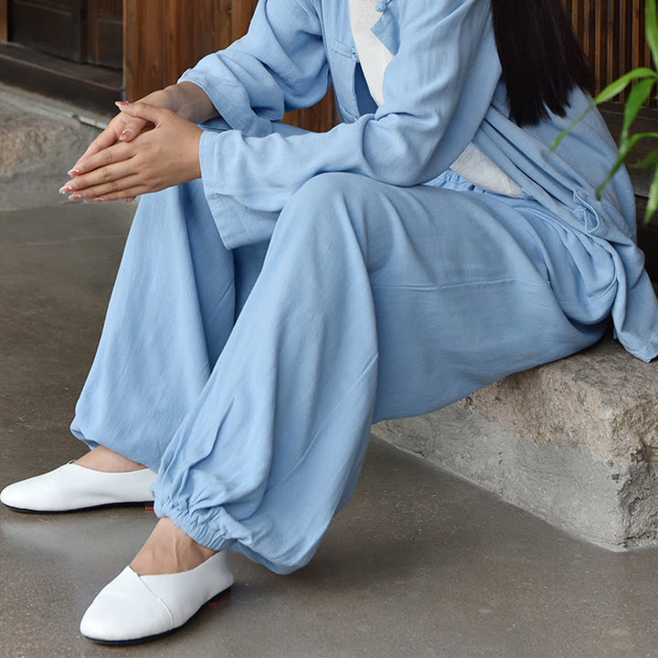 Pantalones de lino holgados informales con bolsillos y diseño de Buddha Stones para mujer - image 4