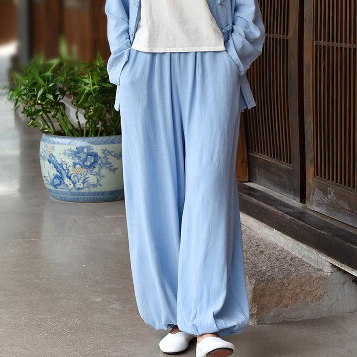 Pantalones de lino holgados informales con bolsillos y diseño de Buddha Stones para mujer - Azul cielo claro - US6, UK/AU10, EU38 (L) - image 0