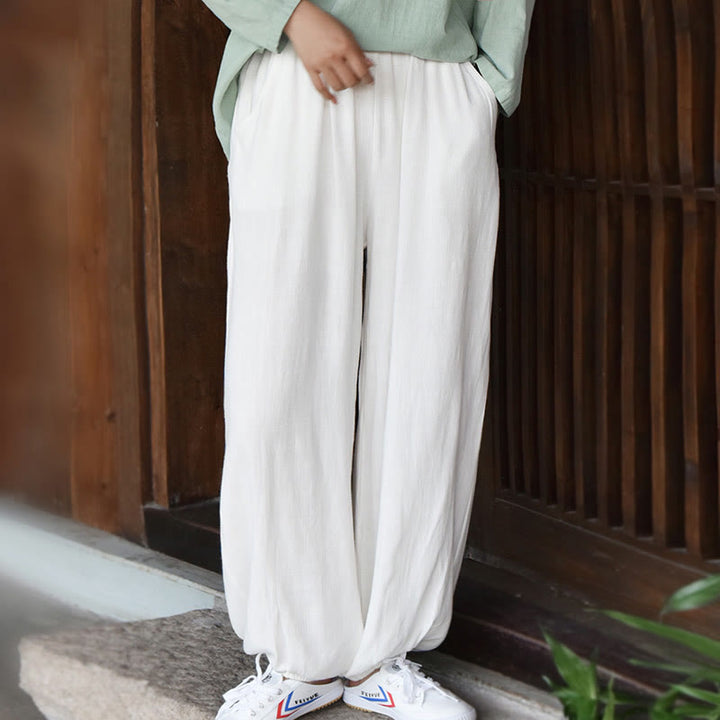 Pantalones de lino holgados informales con bolsillos y diseño de Buddha Stones para mujer - image 9