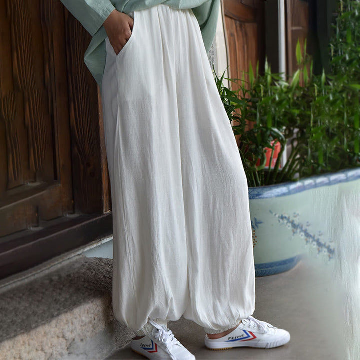 Pantalones de lino holgados informales con bolsillos y diseño de Buddha Stones para mujer - image 10