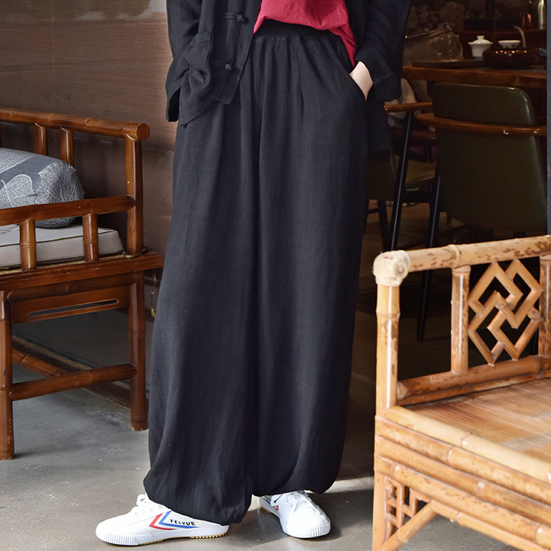 Pantalones de lino holgados informales con bolsillos y diseño de Buddha Stones para mujer - image 14