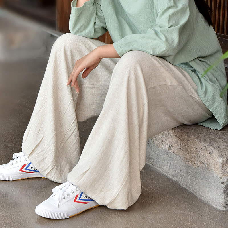 Pantalones de lino holgados informales con bolsillos y diseño de Buddha Stones para mujer - image 18