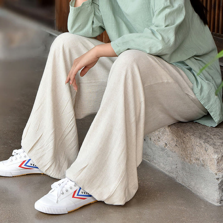 Pantalones de lino holgados informales con bolsillos y diseño de Buddha Stones para mujer - image 18